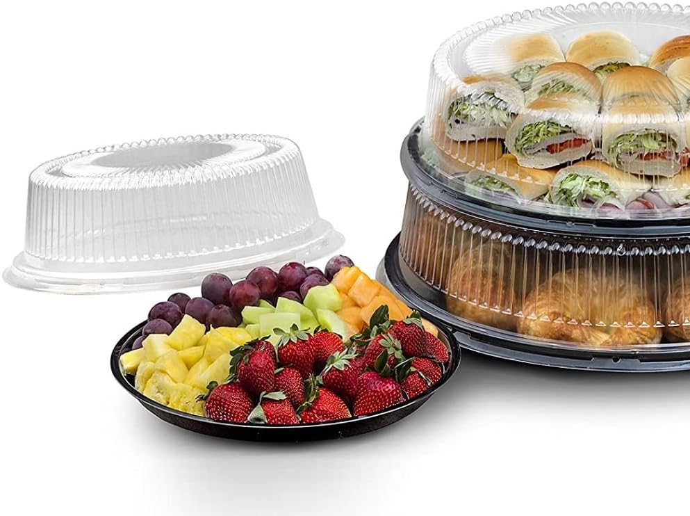 Party Essentials Hard Plastic 12" Black Trays With Clear Dome Lids, Set of 2 Trays and 2 Lids, Clear/Black
