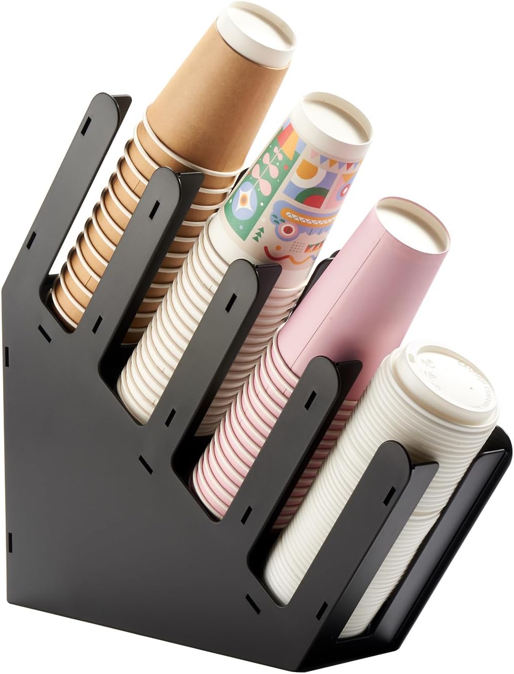 CURTA 4 Compartment Splicing Disposable Paper Cup Dispenser, Coffee and Lid Storage Organizer Holder for Countertop Bar,Restaurant,Breakroom,Party, Black