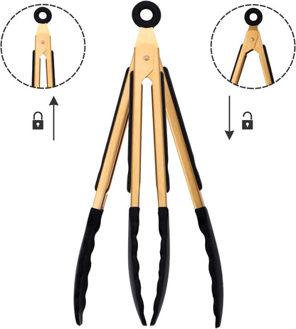 2-Piece Kitchen Spatula Tongs Food Serving Tongs 9" and 12" Cooking with BPA Free Silicone Tips, Toaster Steak Pie Pizza Pasta Spaghetti Noodles Salad Grill BBQ Buffet Clamp Serving Tools(Gold)