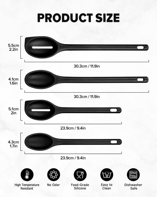 Silicone Cooking Spoons Set, Heat Resistant Kitchen Utensils, Non-Stick BPA Free Solid & Slotted Spoons for Mixing, Scooping, Draining, Serving, Basting (4 Pack) (RED)
