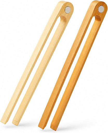 Magnetic Bamboo Toaster Tongs Set of 2, 8.7 Inch Natural Wood Toast Tongs, Eco-Friendly Kitchen Tongs for Toast, Bagels, Waffles, Serving, Space-Saving Kitchen Accessories