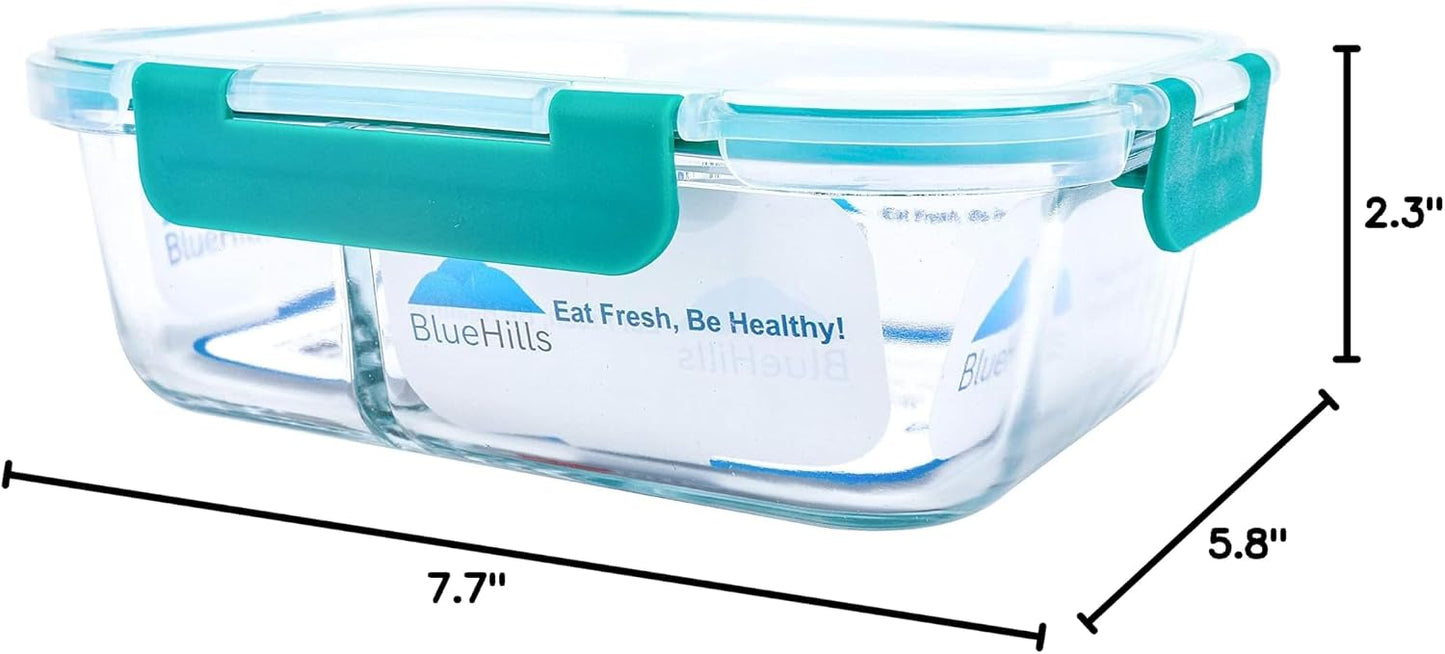 BlueHills Premium Glass Meal Prep Lunch Containers with Snap Green Lock Lids Glass Food Containers BPA-Free Oven Freezer Dishwasher Safe 5 pack set 10 pieces 36 Oz 4.5 cups (G002 Two Compartments)