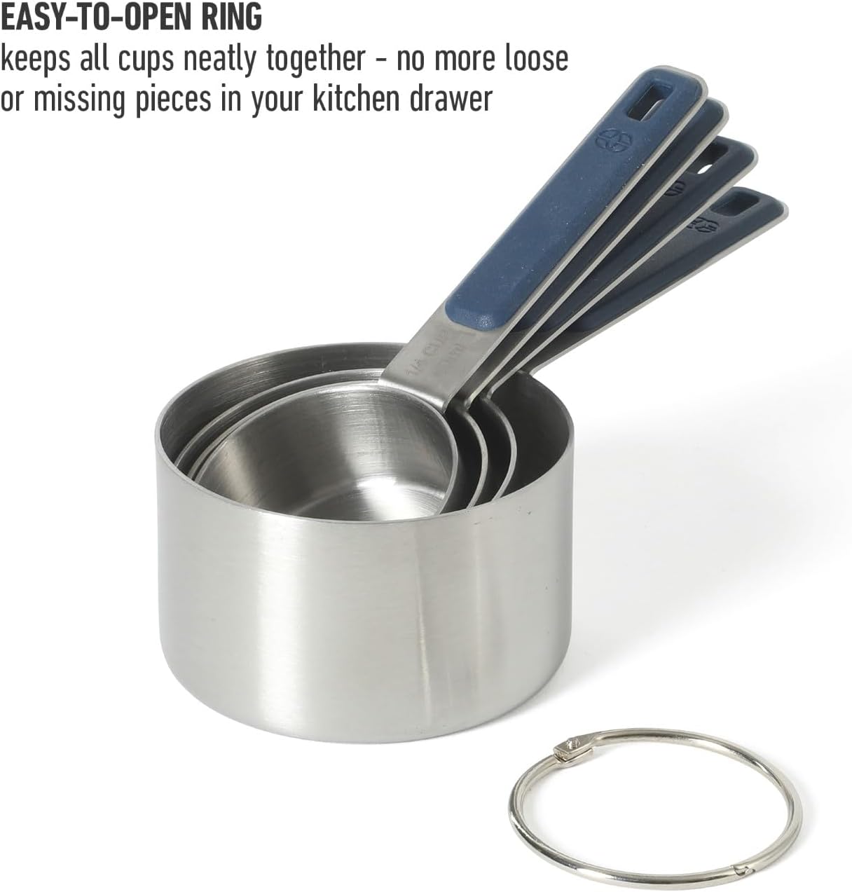 Calphalon Prime Measuring Cups, Kitchen Measurement Cup, 4-Piece Stainless Steel Kitchen Measuring Cup with Navy Silicone Handle Accurate, Durable for Dry and Liquid Ingredients