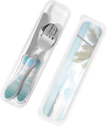 3-Piece Kids Silverware Set With Storage Case, Stainless Steel Reusable Children Safe Knife Spoon Fork Set Beach House Children Flatware Set For Kids Lunch Box