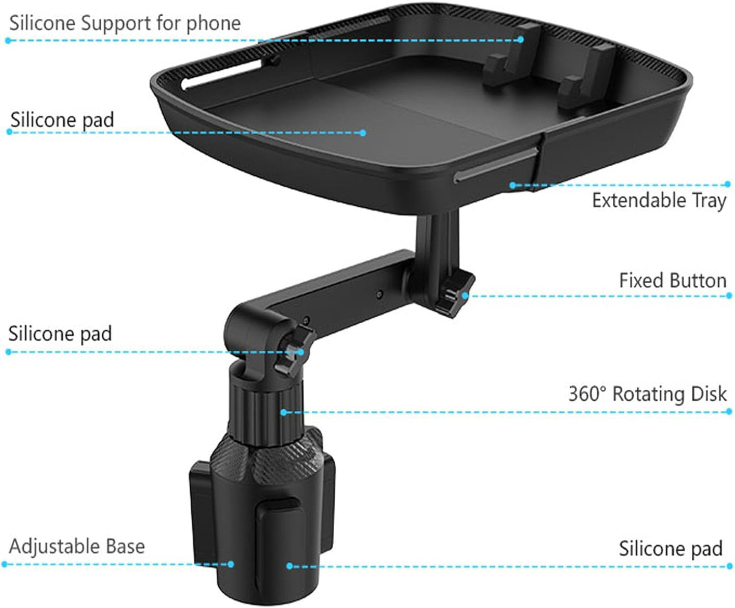 DOUBFIVSY Larger Cup Holder Tray for Car, 10 inch Car Food Tray with Phone Holder Detachable 3 in 1 Car Cup Holder 360° Rotating Food Table Tray Expander for Eating