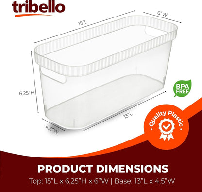 Tribello Narrow Storage Bins – Slim, Clear Plastic Storage Basket, Clear Organizer for Tight Spaces (2 Pack, 15” x 6” x 6”)