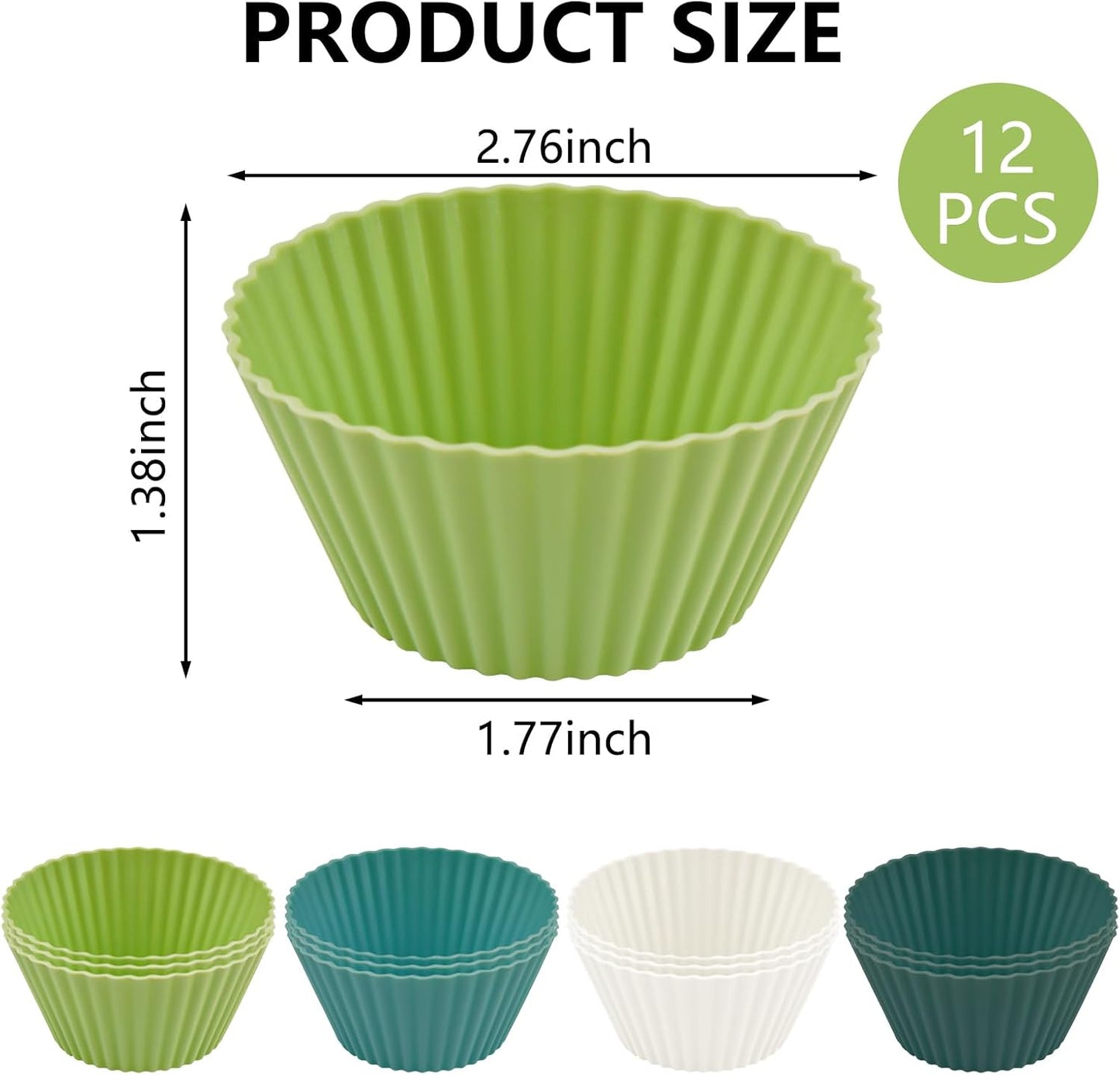 12 Pack Silicone Baking Cups - 4 Colors Reusable Non-Stick Muffin Liners, Heat-Resistant Cupcake Molds for Oven