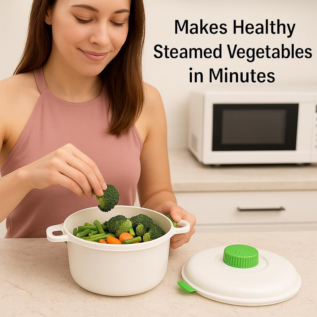 Microwave Pressure Cooker Steamer – 2.8L BPA-Free Microwave Rice & Vegetable Cooker – Quick Healthy Meals for Meats, Fish, Poultry – With Rice Spoon & Measuring Cup – Fast Dinner Solution