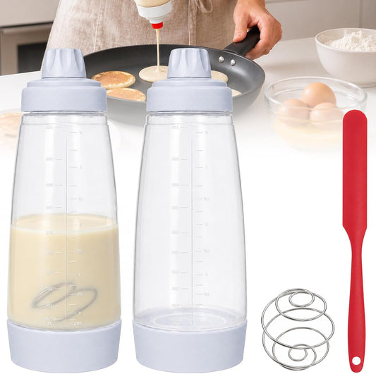 2 Pack Pancake Batter Dispenser, 33.8oz Mixer with Whisk & Spatula