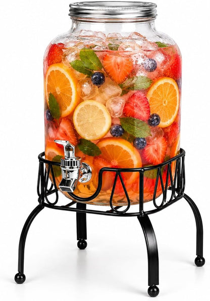 Estilo Gallon Drink Dispenser with Stand - Glass Beverage Dispenser with Stand for Weddings - Sun Tea Jar with Spigot 1 Gallon - Countertop Glass Water Dispenser for Lemonade and Parties