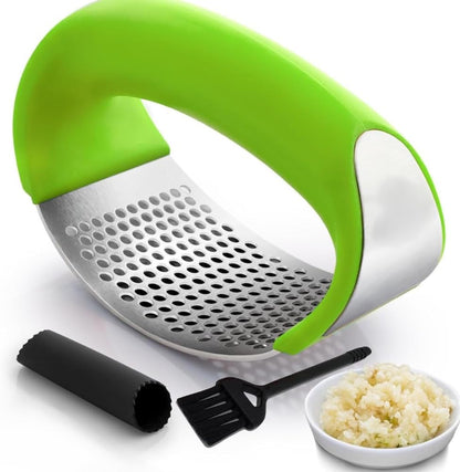 Angel's Peel Lounge Stainless Steel Garlic Press Rocker Set with Silicone Garlic Peeler & Cleaning Brush – Garlic Chopper, Mincer, Grater, Crusher – Easy for Crushed Cloves – Rust-Resistant, Black
