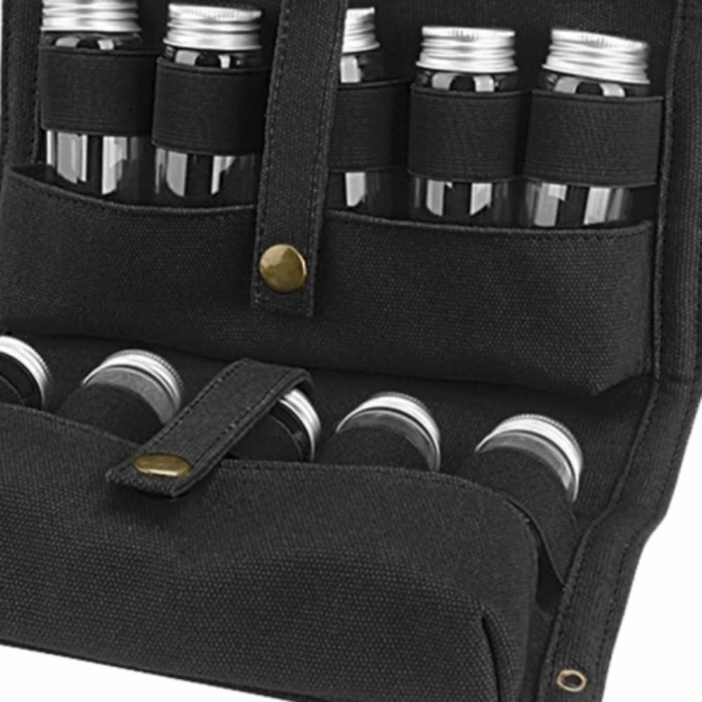 Portable Spice Bag, Travel Spice Kit with 10 Spice Jars, Foldable Compact Seasoning Storage Bag Condiment Organizer for Outdoor BBQ, Picnic and Cooking(Black)