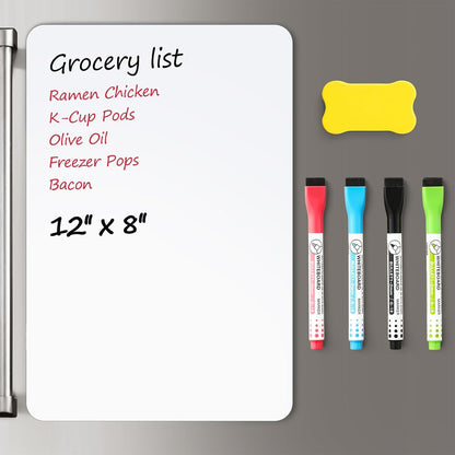 4 PACK Magnetic Dry Erase Board Sheet for Fridge, 12"x8" Erasable Refrigerator WhiteBoard w/ 6 Markers & 1 Eraser- Smooth and Flexible Small Magnet Blank Notepad for Home Kitchen Organizer and Planner