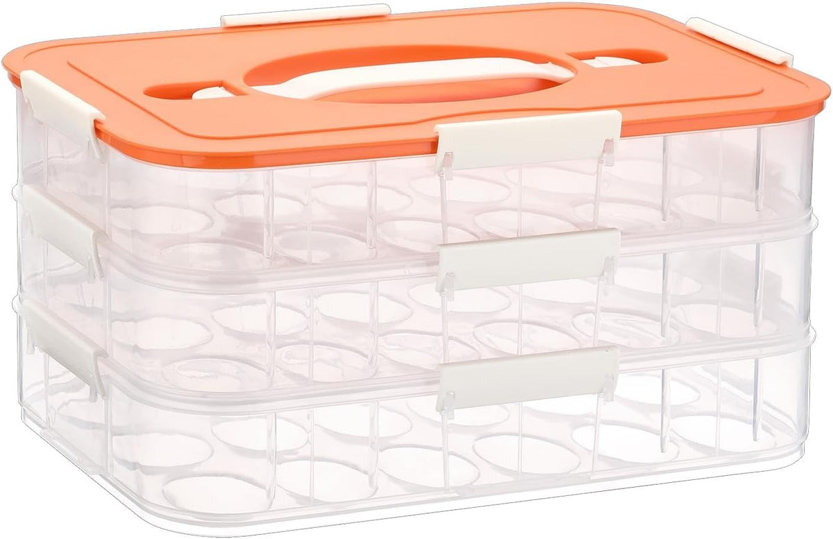 BTSKY Deviled Egg Platter with Lid, 3-Layer 54 Slots Deviled Eggs Carrier, Clear Portable Egg Holder for Fridge Reusable Deviled Eggs Tray Carton Box for Easter and Party Favor (3-Layer, Orange)