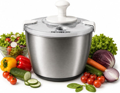 Stainless Steel Salad Spinner Large Capacity 5Qt – Hand Crank Vegetable Washer & Dryer with One-Touch Stop, Drainage Spout, Non-Slip Base – Dishwasher Safe Kitchen Tool for Lettuce & Fruit
