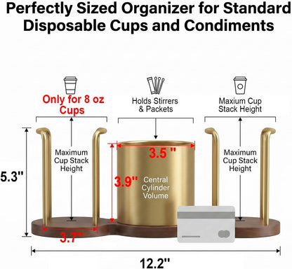 GOYLSER Coffee Station Organizer with Straw & Stirrer Storage Caddy for Cups Lids, Disposable Paper Cup Holder Cup Organizer for Coffee Bar, Office, Home Kitchen, Gold