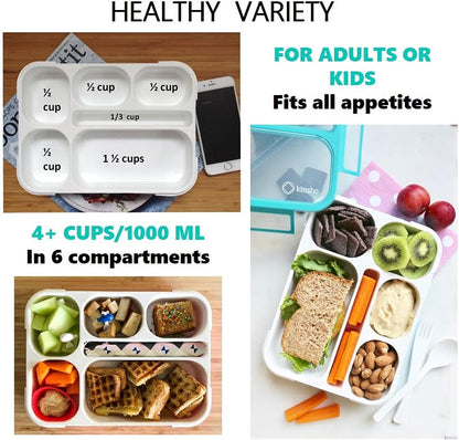 kinsho Lunch Box for Kids Boys Girls - Bento Box Set with Insulated Bag and Ice Pack, 6 Compartment Leak Proof Food Container, BPA-Free, Microwave Safe, Ideal for School & Work, Teal