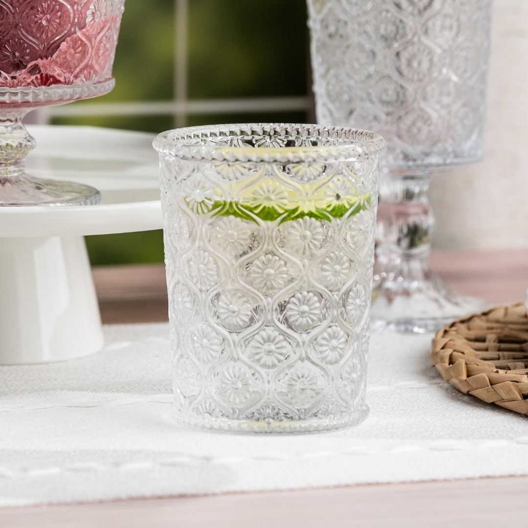 Cameo Clear Vintage Drinking Glasses Set of 4 Vintage Glassware with Engraved Flower Cup 9 oz Lead-Free Old Fashioned Cocktail Glasses Dishwasher Safe Drink Tumbler Whiskey Glasses Cups