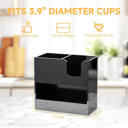 Coffee Condiment and Cup Organizer - 2-Tier Upright Cup and Lid Holder with Straw Organizer 2 Compartments Clear Acrylic Cup Dispenser for Restaurant Breakroom Coffee Station Countertop