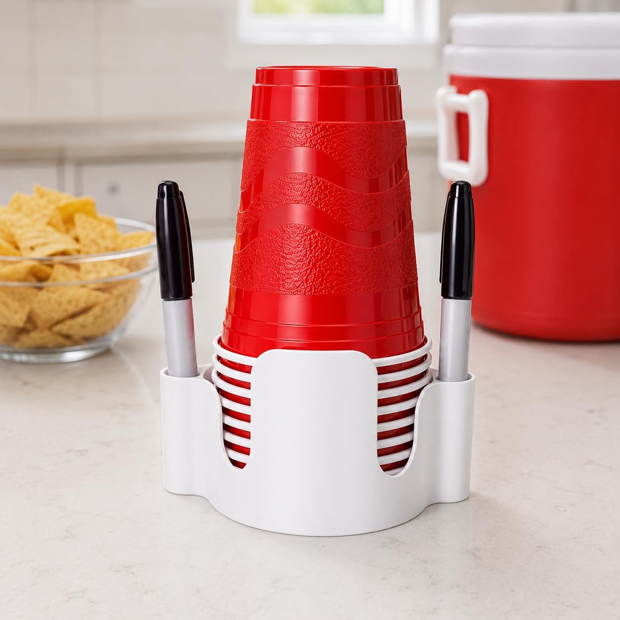 Party Cup Dispenser with Marker Holder – Stackable Plastic Cup Organizer for Parties, Events, BBQs, Picnics, Graduations & Drink Stations, Cup and Marker Caddy, Black (Red)