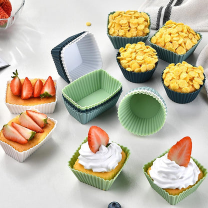 24pcs Silicone Muffin Cups,5pcs Plastic Measuring Spoons Set,Reusable Muffin Liners Silicone Cupcake Liners Lunch Box Dividers,3 Shape Non-Stick Baking Cups Cup Cake Molds Holder