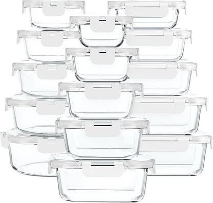 M MCIRCO 30 Pieces Glass Food Storage Containers with Snap Locking Lids,Glass Meal Prep Containers Set - Airtight Lunch Containers, Microwave, Oven, Freezer and Dishwasher