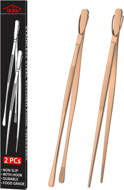 DEHOV 12 Inch Gold Stainless Steel Kitchen Tweezers For Cooking Tongs Set of 2, Metal Long Food Tweezers, BBQ Grill Tongs For Pasta