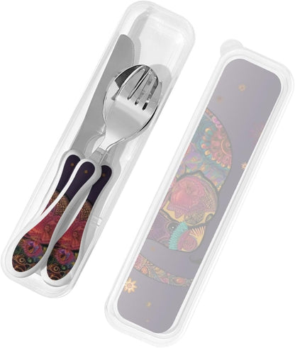 3-Piece Kids Silverware Set With Storage Case, Stainless Steel Reusable Children Safe Knife Spoon Fork Set African Animals Children Flatware Set For Kids Lunch Box