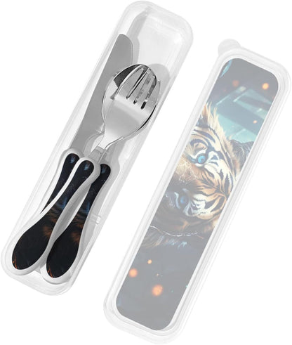 Stainless Steel Kids Silverware Set, Tiger Utensil Set Reusable Children Safe Knife Spoon Fork Set With Storage Case Dishwasher Safe For Lunch, Travel Outdoors
