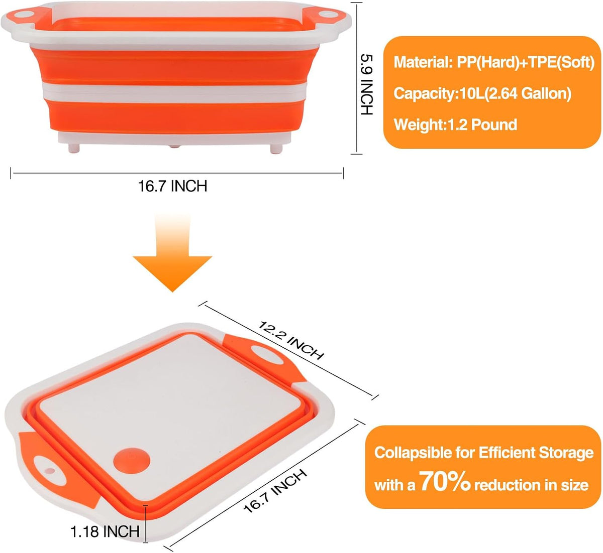 Collapsible BBQ Prep Tub/Cutting Board 10L, Orange