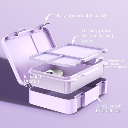 ACESAK Backpack for Girls - Bento Box with Insulated Lunch Bag Pencil Case & Utensils Set for Kids, 4 Leakproof Compartments Removable Tray Lunches or Snack Container for School (Black Purple)