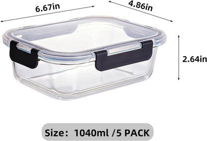 Glass Food Storage Containers with Airtight Lids, 5-Piece Set, Freezer Safe, Microwave Safe, Leak Proof