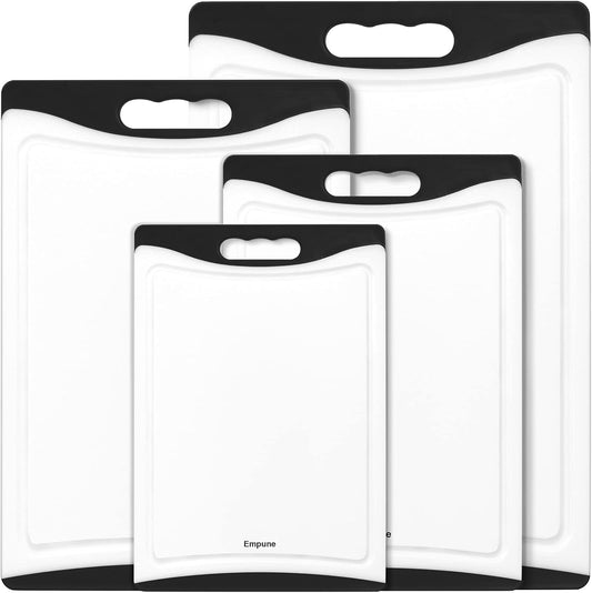 Extra Large Cutting Boards, Plastic Cutting Boards for Kitchen (Set of 4) Cutting Board Set Dishwasher Safe Chopping Board with Juice Grooves Easy-Grip Handles, Grey, Empune