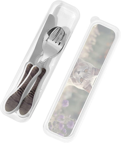 Stainless Steel Kids Silverware Set, Gray Cat In Flower Field Utensil Set Reusable Children Safe Knife Spoon Fork Set With Storage Case Dishwasher Safe For Lunch, Travel Outdoors