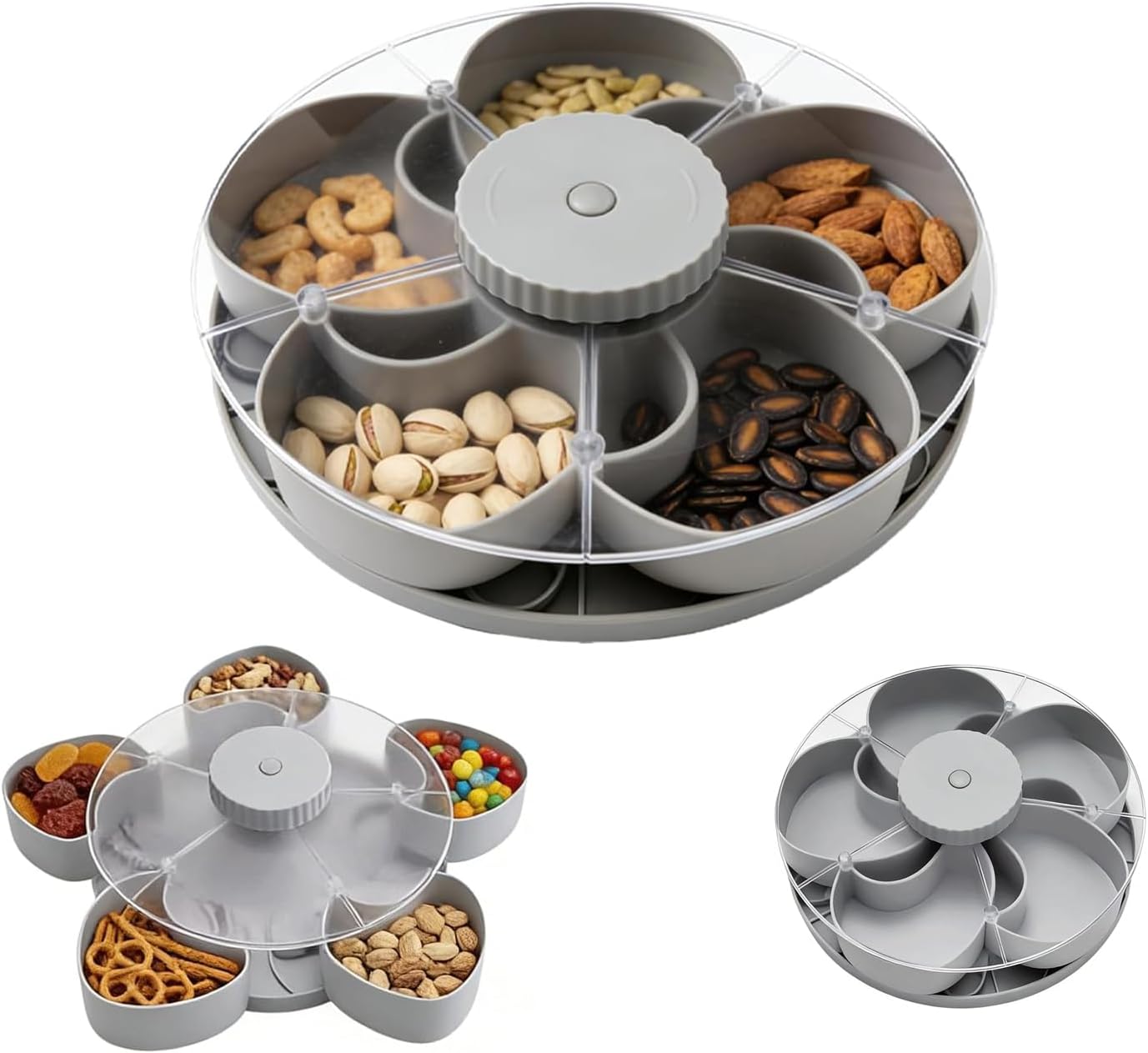 Divided Serving Tray that Spins, Rotating Snack Tray with Lid, 5-Compartment Spinning Candy & Nut Organizer, Divided Serving Platter for Parties, Reusable Snack Container for Fruits (Pink, 1 Pcs)