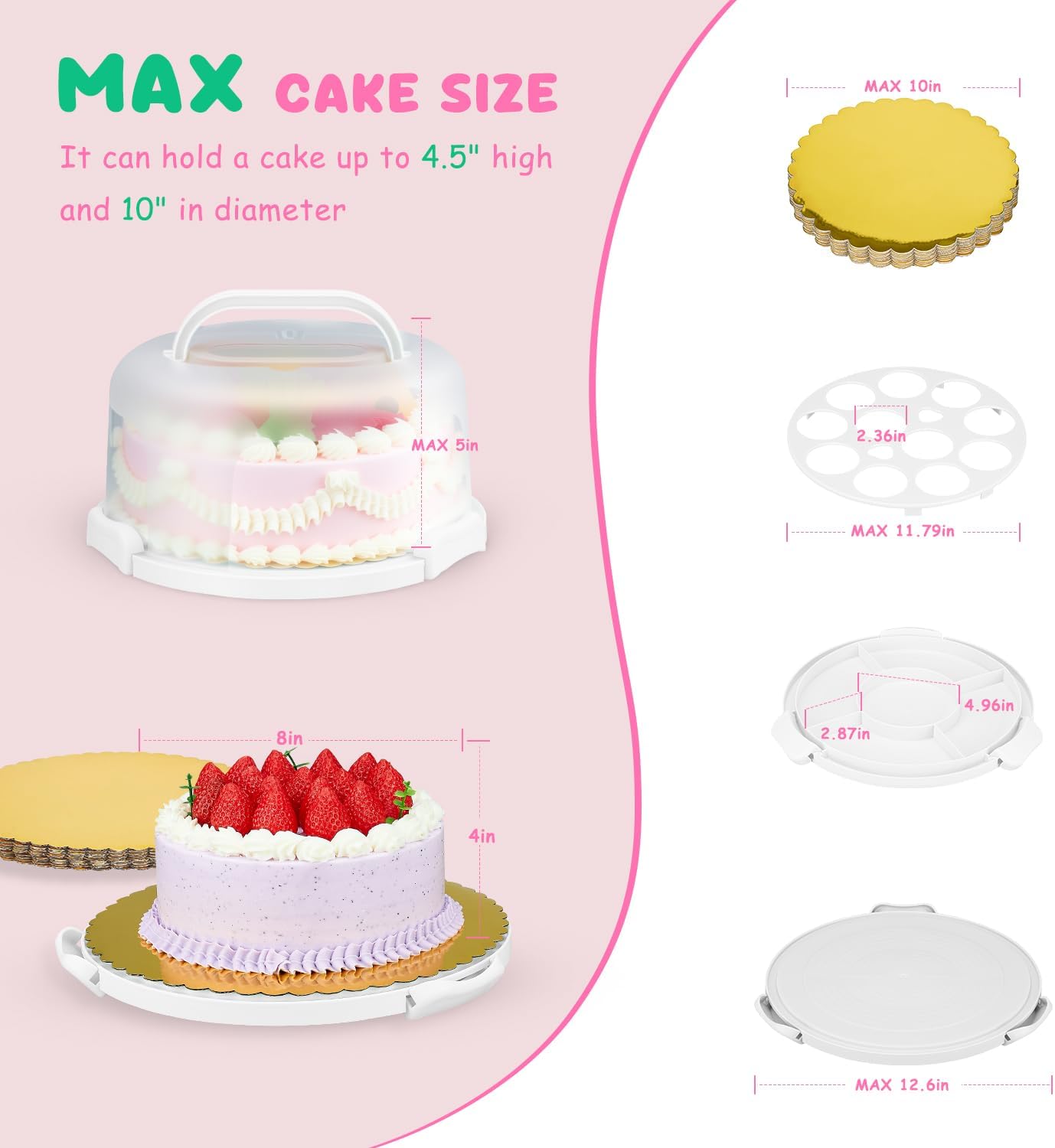 Cake Carrier With Lid And Handle, Bpa-Free Cake Holder With Lid For 10 Inch Round Cake Carrier With 10 pcs Round Golden Cake Boards And Portable Insulated Bag