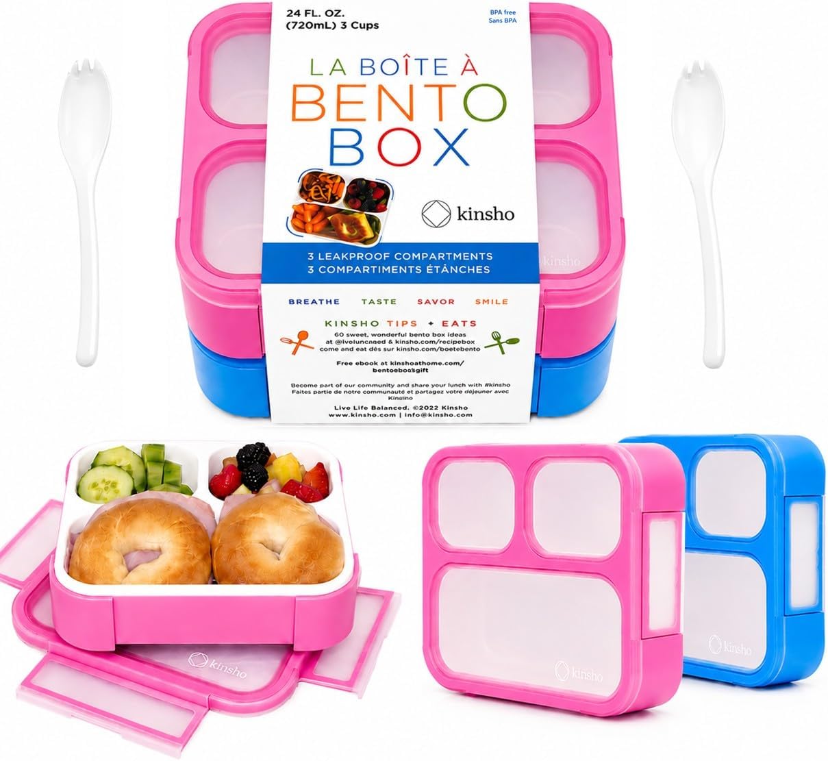kinsho Medium Bento Boxes for Kids, Lunch Box for Boys Girls Toddler Adults, Leak-Proof 3 Compartment Containers for Meal or Snack at School Daycare Work Travel, BPA Free 2 Pack (Pastel Blue + Pink)