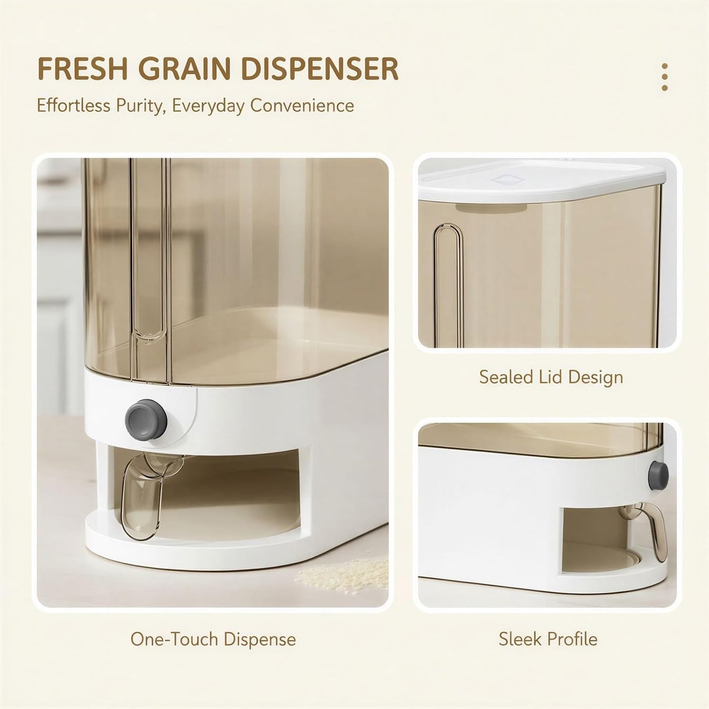 22-25Lbs Rice Dispenser, Large Rice Storage Container Cereal Dispenser Rice Holder Food Storage Container with Measuring Cup, One-Touch Sealed Moisture Food Dispenser for Kitchen and Household