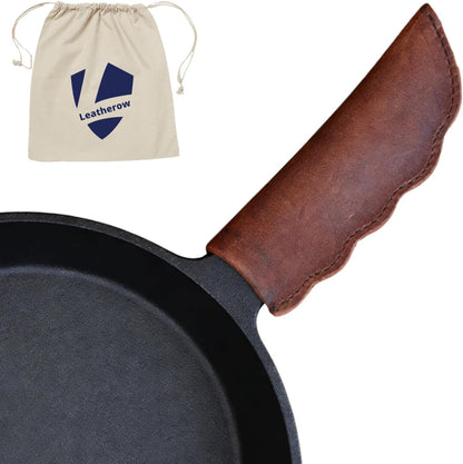 Leather Cast Iron Skillet Handle Cover, Heat Resistant Pan Grip Sleeve for Frying Pans, Dutch Oven & Griddles, Safe Non-Slip Cooking Handle Protector, Brown (Handle Cover Curve)