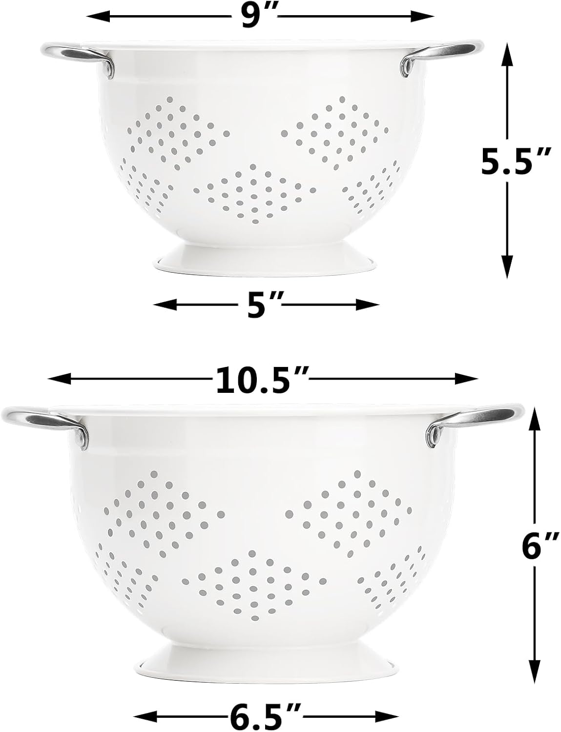 Rorence Powder Coated Steel Colanders: 1.5 Quart 3 Quart & 5 Quart Set of 3 - White