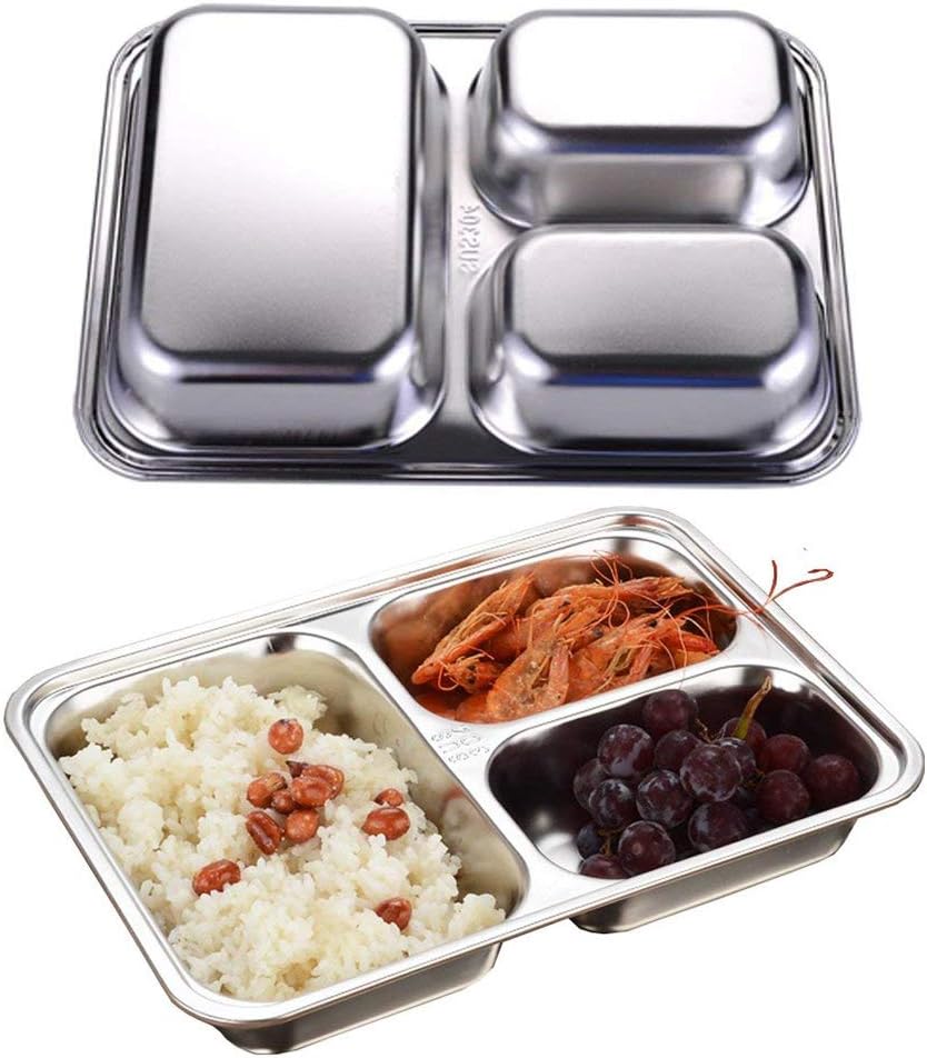 Set of 2 Stainless Steel Rectangular Divided Plates Tray 5 Sections Dinner Plates for Adults - Unbreakable Metal Plate for Campers, and Portion Control Reusable Plate