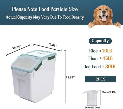 Large Flour Storage Container Bin 25lb, 2Pack Airtight Rice Storage Containers with Wheels Seal Locking Lid, BPA Free with Measuring Cup&Scoop for Flour, Rice, Grain(Green)