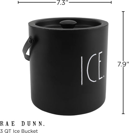 Rae Dunn Ice Bucket with Scoop - Stainless Steel Bucket with Handle, Lid and Ice Scooper - 4 Qt. Storage Bin for Ice Cubes for Bars, Parties, Backyard Barbeques, Picnics, and Camping (Black)