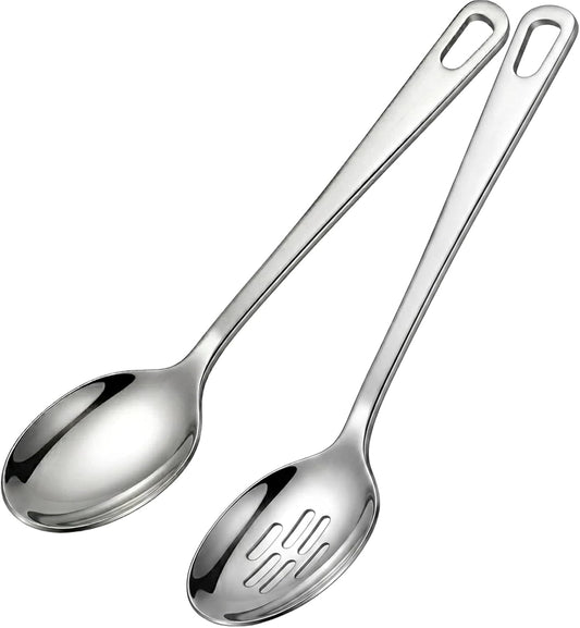 Large Cooking Spoon Set, 12.5-inch Stainless Steel Solid & Slotted Spoons, Heavy Duty Metal Spoon for Mixing, Serving, Stiring Kitchen Utensils.