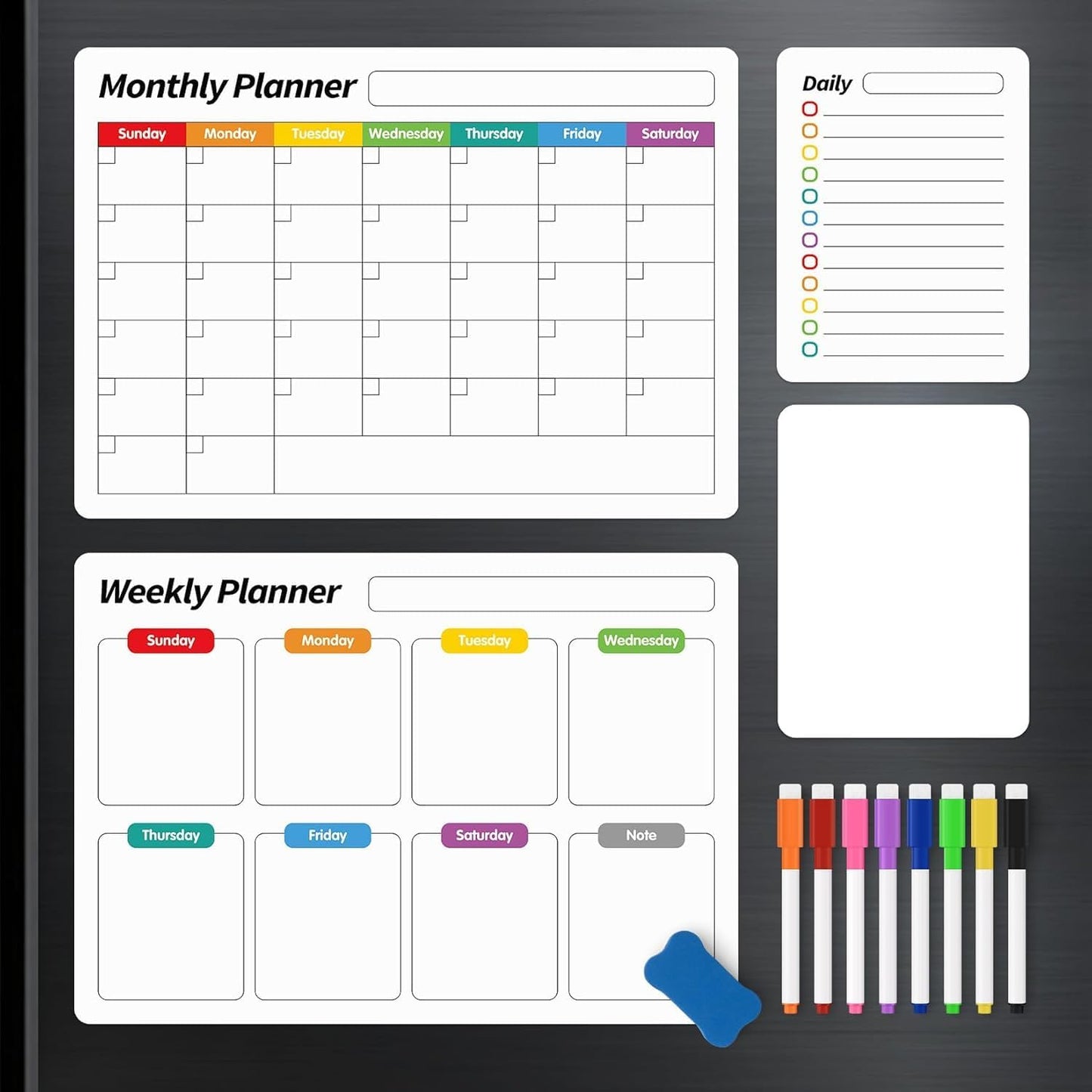 FINDMAG 4 Pack Magnetic Dry Erase Board Set, 16.5"x11.8" Magnetic Calendar for Refrigerator, Fridge Calendar Magnet, Black Weekly Planner Whiteboard for Fridge, Easy to Use with 8 Markers & Eraser