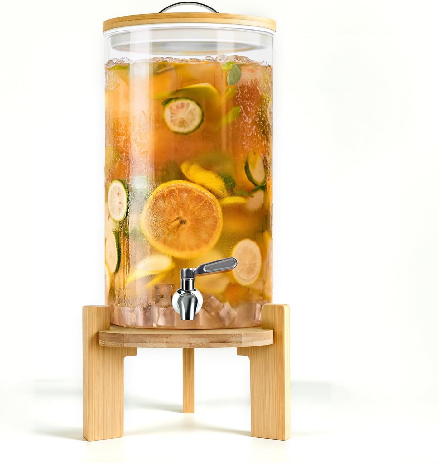 Beverage Dispenser 2.1 Gallon, Glass Drink Dispenser with Stand, Drink Dispensers for Parties, Beverage Dispenser with Wood Stand, Stainless Steel Spigot, for Parties,Bars,Restaurants (2.1 Gallons)