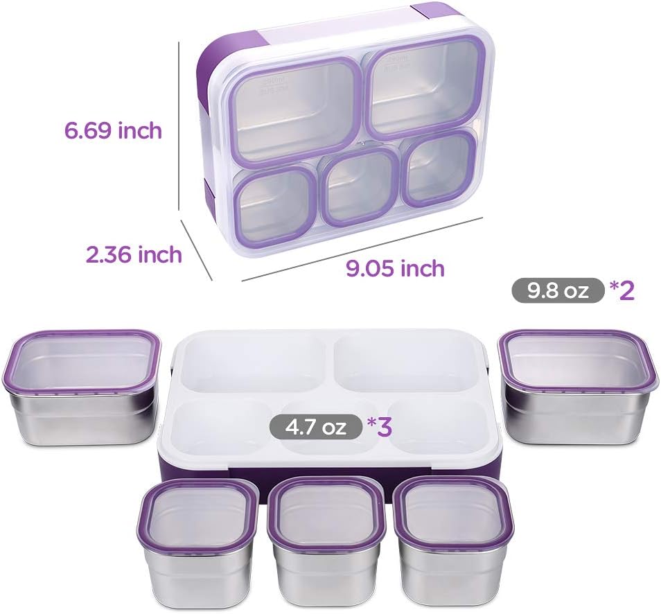 DaCool Stainless Steel Lunch Box Bento for Kids Adults Leakproof BPA-Free Metal Lunch Containers Tray 5-Compartment with Fork for Girls Food Snack Containers for School Outdoors, Pink
