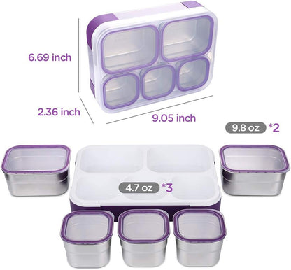 DaCool Stainless Steel Lunch Box Bento for Kids Adults Leakproof BPA-Free Metal Lunch Containers Tray 5-Compartment with Fork for Girls Food Snack Containers for School Outdoors, Pink