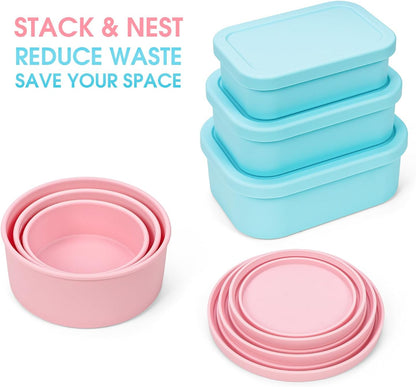 100% Silicone Food Storage Containers with Lids, 8 Pack, 10oz to 51oz, Reusable Leakproof Nesting & Stackable Silicone Bento Lunch Box, Microwave Freezer Dishwasher Oven Safe, BPA Free, Slate Green