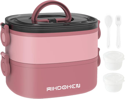 RIKDOKEN Lunch Box, Stackable 3 Layers Containers, Portable 94OZ Large Capacity Leakproof Bento Box with Spoon & Fork & Sauce Boxes, Microwave Safe Lunch Box for Kids and Adults